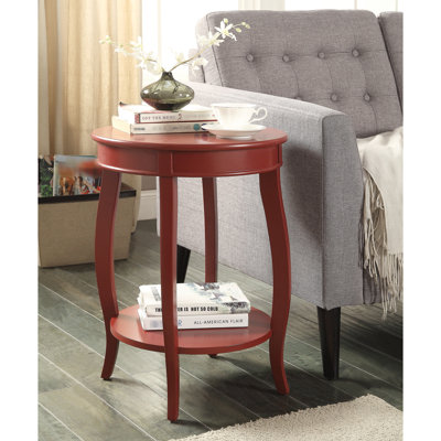 Table d'appoint rouge avec plateau en composite de bois et tablette ouverte.