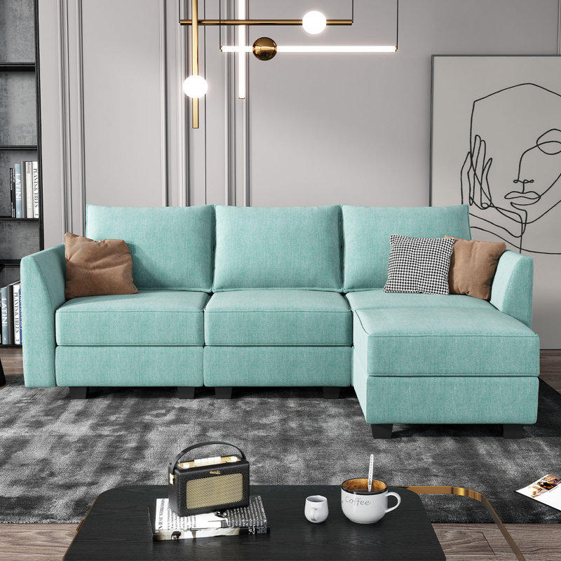 Canapé modulaire en L avec rangement Manusite, Bleu 100% polyester