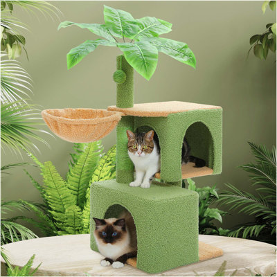 43" Cat Tree Tower, Climbing Tree With Cat Scratching Posts, 2 Big Condos And Hammock