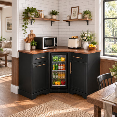 L Shaped Corner Bar Cabinet with w/ Tilt Out Trash Bin Storage ,Corner Liquor Cabinet with Storage & Built-in Power Outle