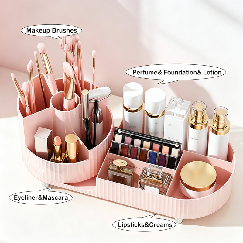 Pink 360° Rotating Makeup Organiser with Brush Holder, Large Capacity Cosmetic Display Storage Case for Vanities, Countertops & Bedrooms