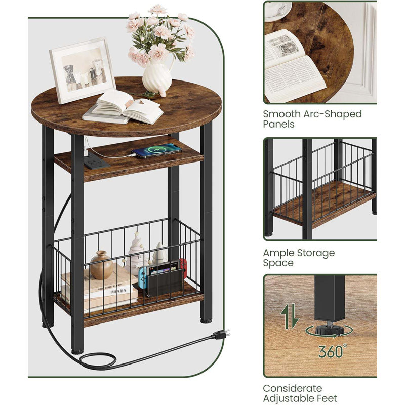 Narrow Side Table With Power Outlet And Storage Basket, 3-Tier Slim End Table With Folding Top, Multi-Functional Accent Furniture For Living Room, Bedroom, Rustic Brown TBZ10UBF