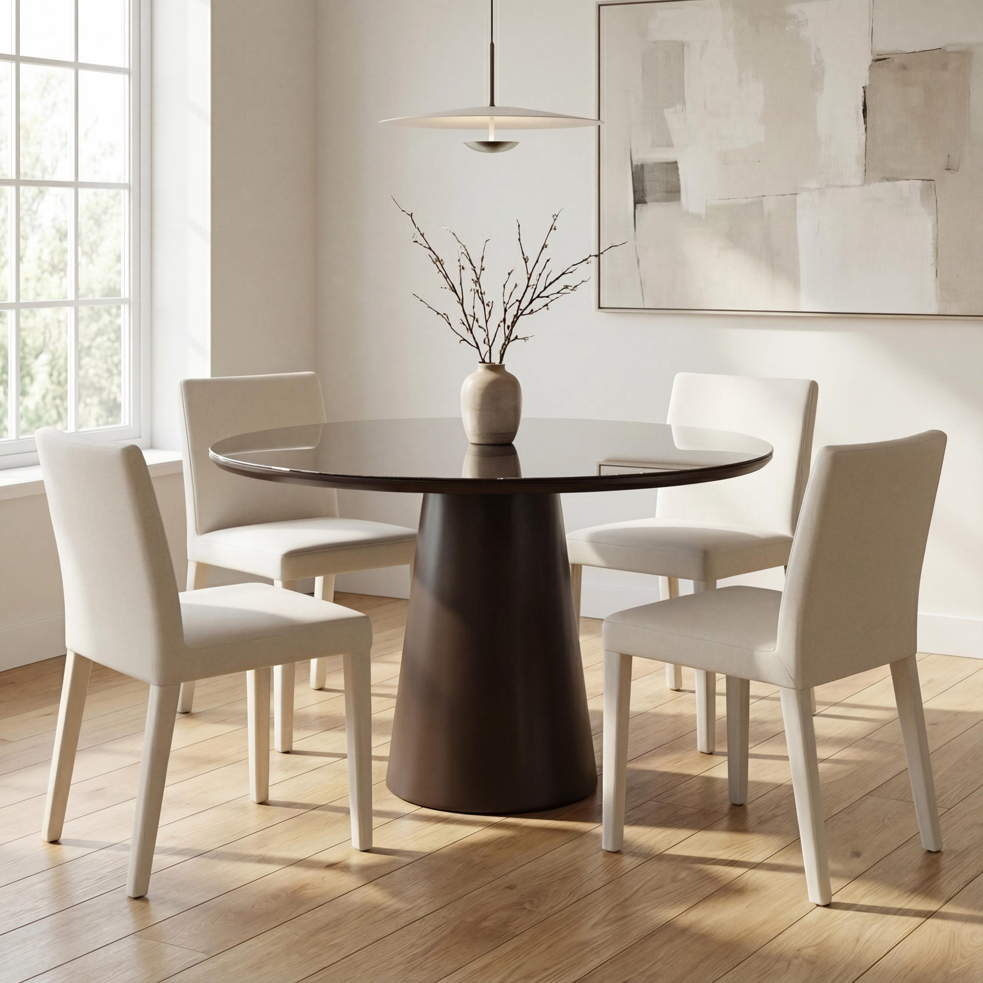 Burdon 47" Glass Top Pedestal Dining Table, Brown