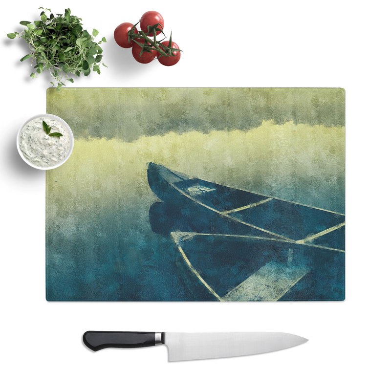 Boats on a Lake Painting Chopping Board, 0.4cm H x 20cm W x 28.5cm L