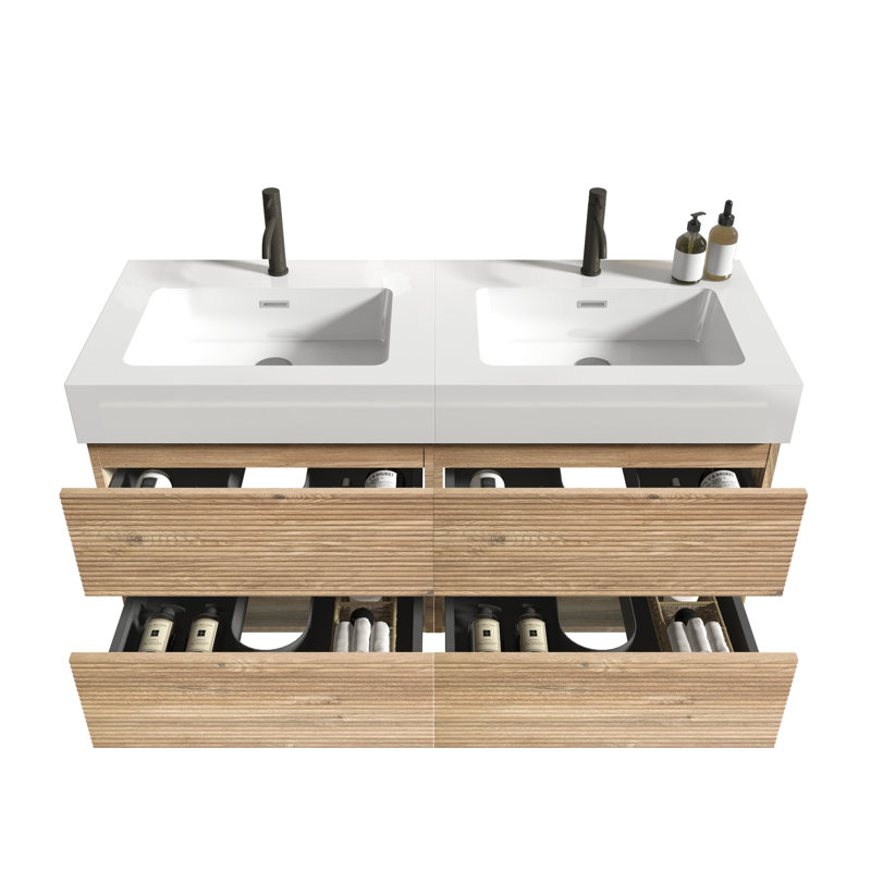 Meuble-lavabo 48 po, lavabo blanc, flottant mural, tiroirs doubles, matériaux de qualité E1, rails de tiroir et lavabo une pièce à fermeture, conception Mid-Century, panneaux souples