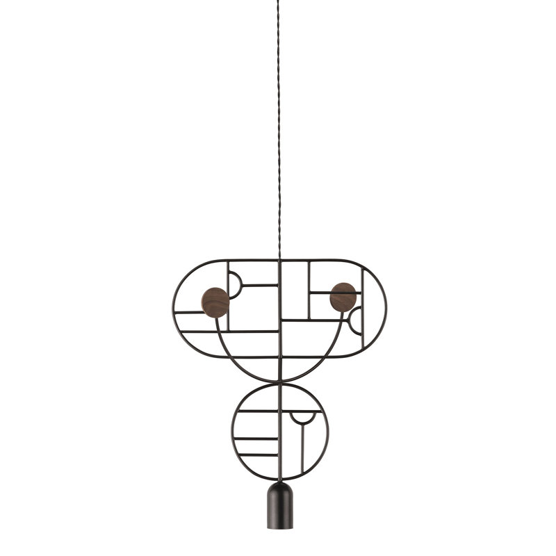 Luminaire suspendu géométrique unique à 1 lumière H 21,65 "à pois en bois avec 1 tige courbée, Noyer, Noir