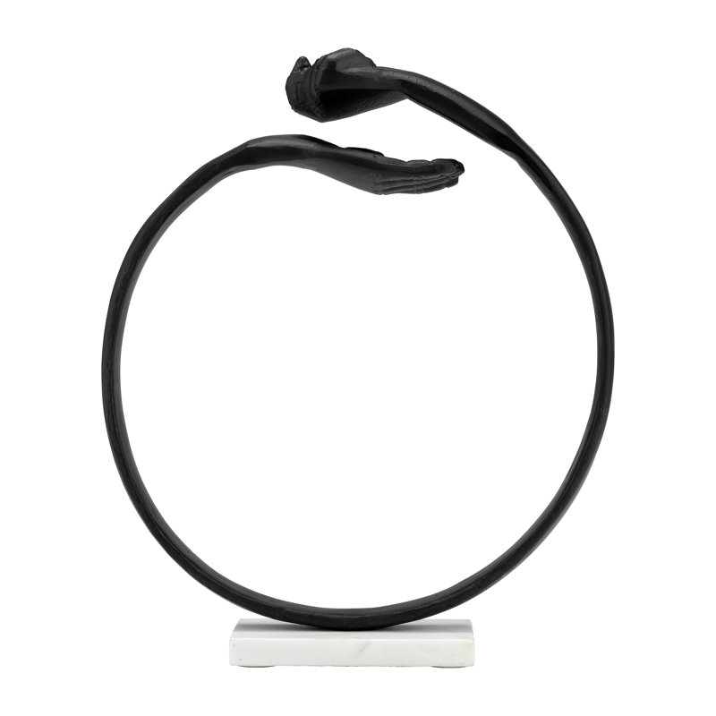Arbelaez Modern Black Metal Hand Sculpture with Circular Design on White Marble Base 15" for Living Room or Office Decor