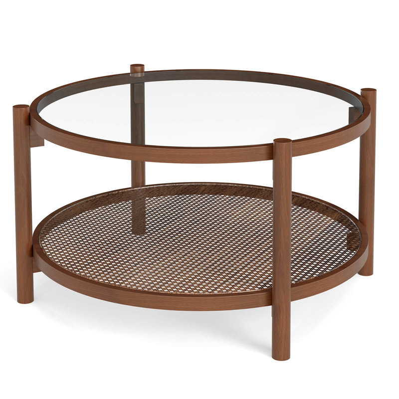 Wooden 31" Round Coffee Table With Tempered Glass Top Handmade Rattan Shelf