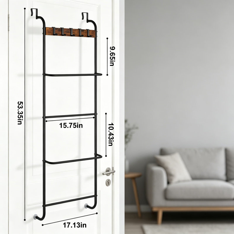 Over The Door Towel Rack And Organizer With 4 Shelves And 5 Hooks - Space Saving Bathroom And Bedroom Storage Solution, Sturdy Black Design