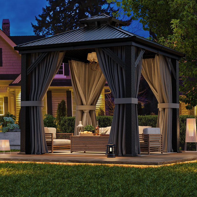 8 x 8 ft. Heavy-Duty Aluminum Frame Outdoor Gazebo with Double-Layer Galvanized Steel Roof, All-Weather Metal Gazebo Includes Curtains, Mesh Netting and Anchor Kit for Patio & Backyard