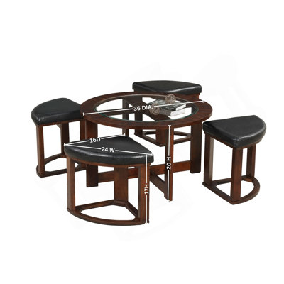 Table basse cylindrique en bois avec plateau en verre et 4 tabourets Cylina