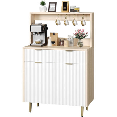 Buffet cannelé avec rangement, armoire à café moderne avec 2 tiroirs et tablettes réglables, buffet en bois pour la salle à manger, la cuisine, le salon, le couloir