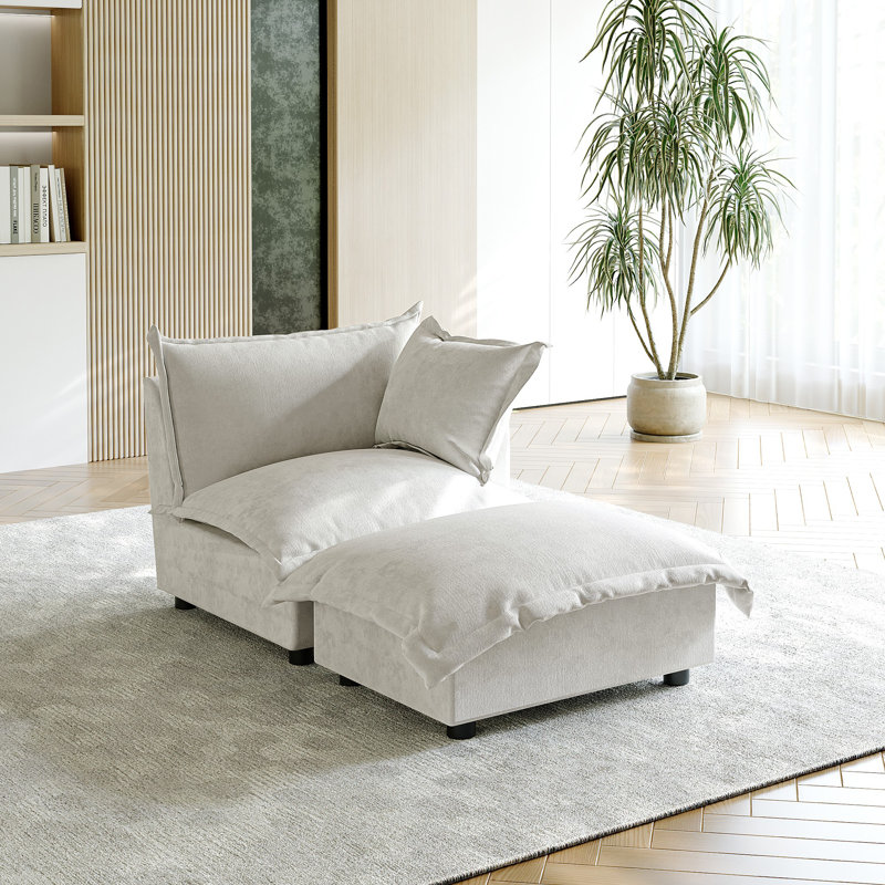 Upholstered Armchair with Footstool, Beige