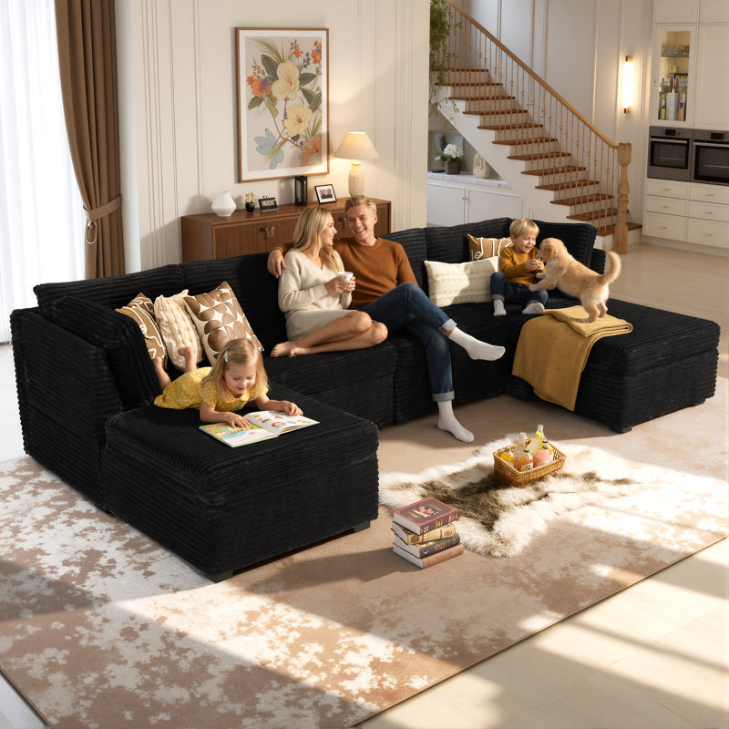 Cloudelle 6-piece Modular Sectional, U Shaped/sofa Bed Minimalist Couches With 2 Ottomans Chaise, Modern Deep Seat Cloud Plush Corduroy Sofa Set For Living Room