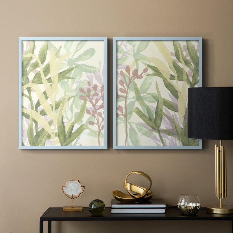 «Dreamy Tropical Leaves I», reproduction encadrée de qualité supérieure - prête à être accrochée - aucun clou requis - aucun clou requis