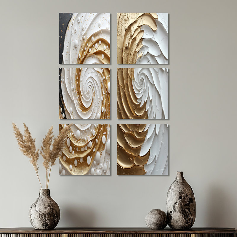 «White and Gold Rose Love Spiral», ensemble d'art mural abstrait à spirales abstraites de 6, Toile tendue, Ne s’applique pas