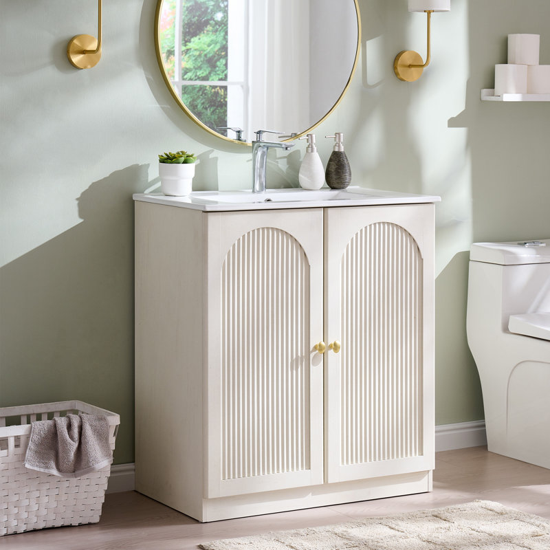 Meuble-lavabo arqué 30 po avec lavabo et plateau en céramique Ahart, Blanc antique