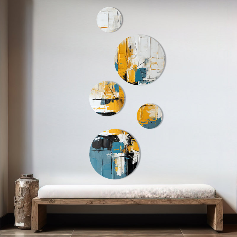 Peinture bleue et jaune Elegance I - ensemble abstrait d'art mural rond de 5