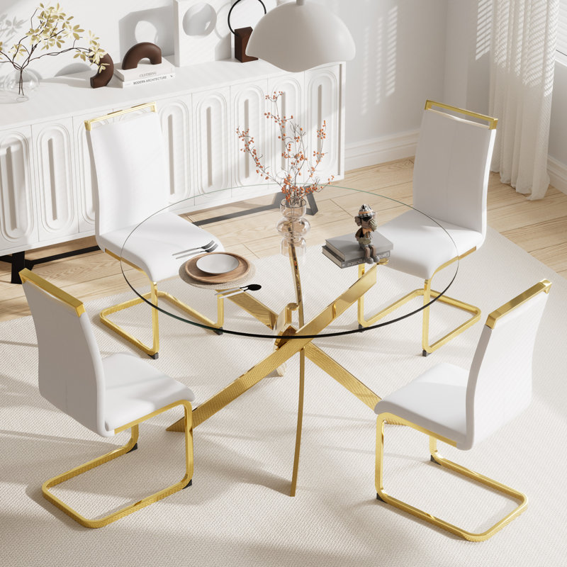 Ensemble de table de salle à manger 5 pièces, table ronde en verre trempé de 47 pouces et 4 chaises de salle à manger rembourrées.