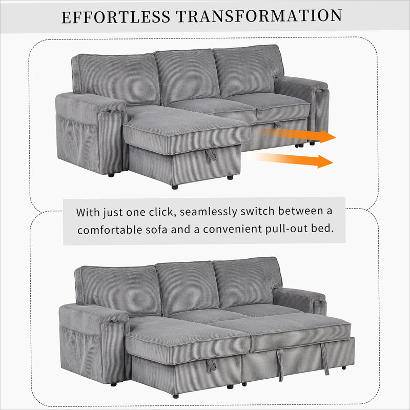 Upholstery Sleeper Sectional Sofa With Storage Bags And 2 Cup Holders