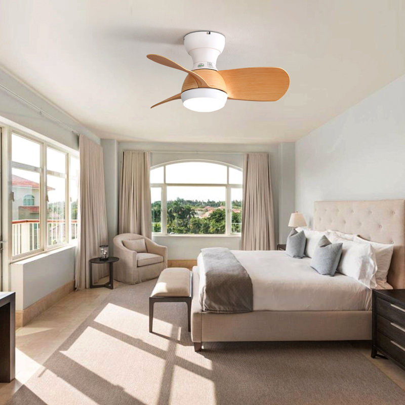 23 Inch Mini Led Ceiling Fan With 3 ABS Blades Remote Control DC Motor For Bedroom, White, Natural Wood