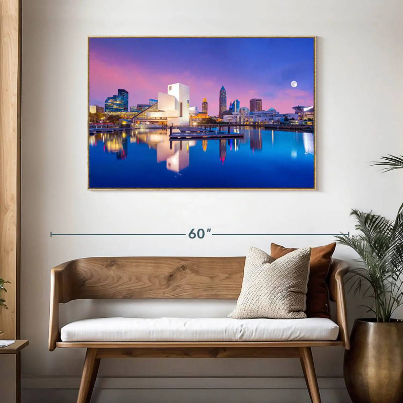 Horizon du centre-ville de Cleveland, Cadre flottant en bois naturel, 46 po x 31 po