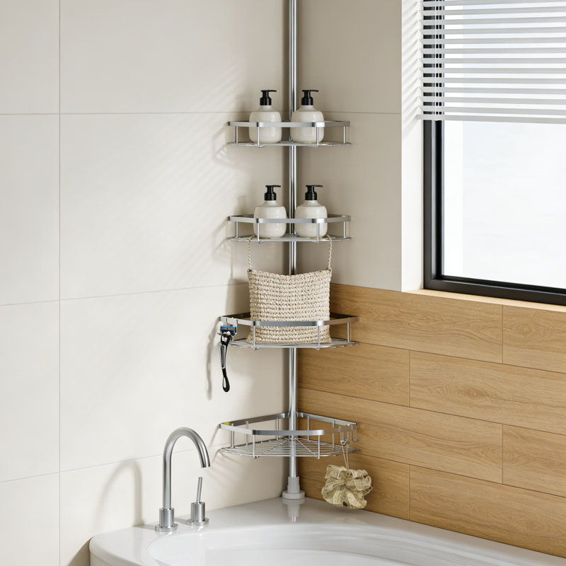 Serviteur de douche d'angle à poteau à tension réglable, organisateur de douche en acier inoxydable à 4 niveaux avec base et crochets antidérapants, installation sans perçage pour le rangement dans la salle de bain