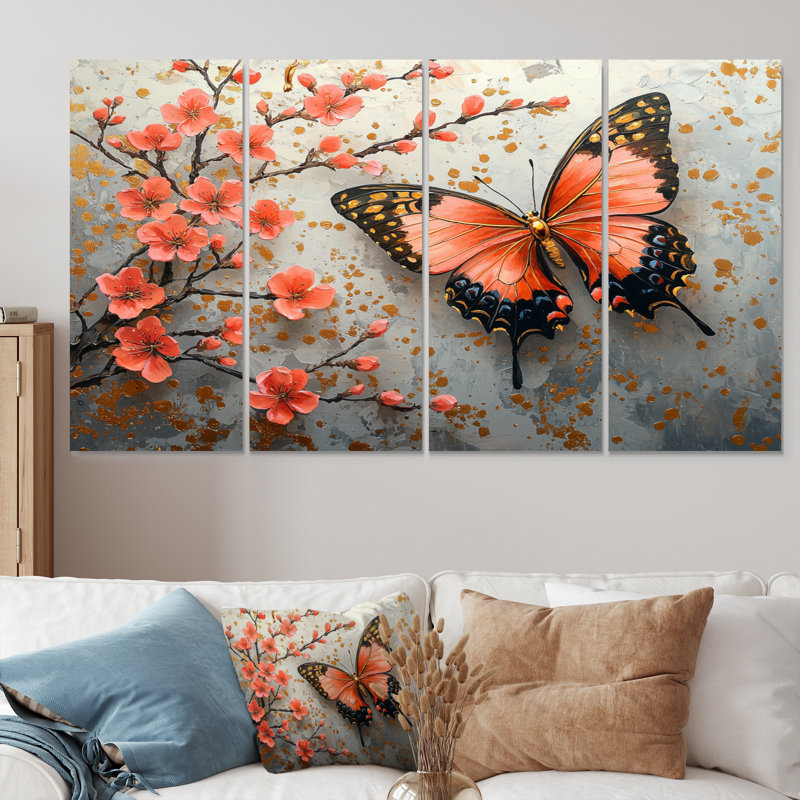 «Cherry Blossom Redd Butterfly on Branch», ensemble de reproductions d'art mural cerisier en fleurs, H 32 po x l 64 po