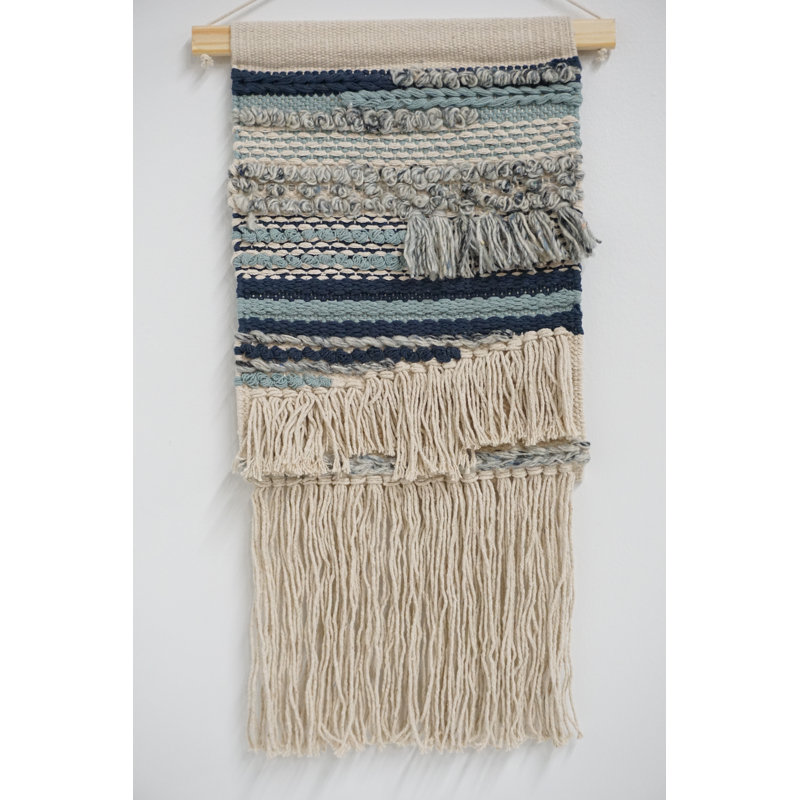 Hand Woven Wall Hanging, Blue/Irovy, 27" H x 13" W