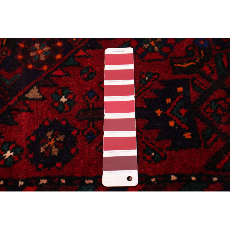 Tapis rouge foncé en laine noué à la main de conception unique 4 pi 2 po x 7 pi 6 po Moana