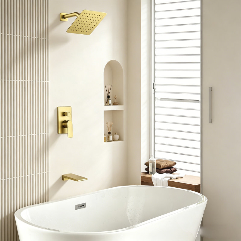 Shower System With Pressure Balance Valve, 8-inch Rainfall Shower Head & Waterfall Tub Spout, Brushed Gold