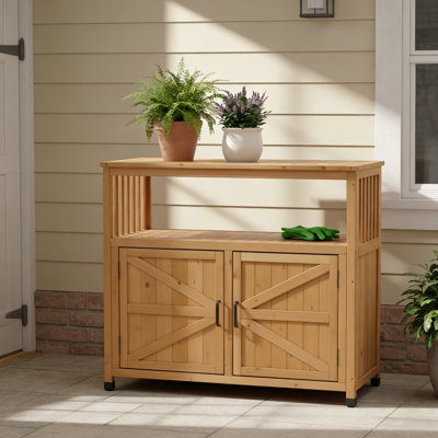 Wooden Patio Bar Table Set with Storage, Outdoor / Indoor Buffet Cabinet Sideboard