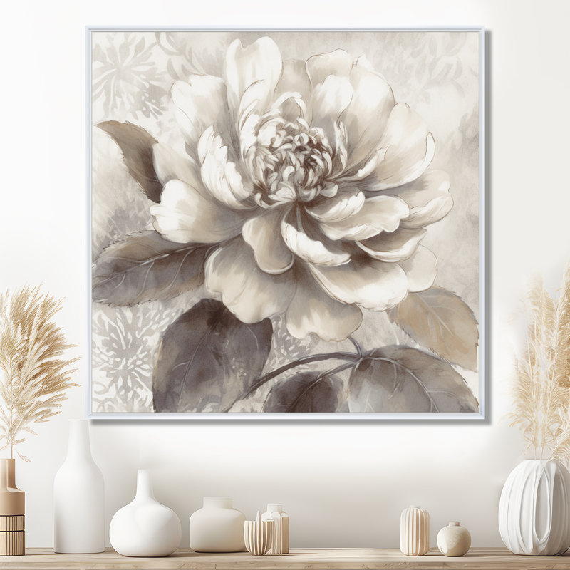 Pivoines grises sur branche II - art mural encadré de pivoines florales pour le salon, H 24 po x l 24 po
