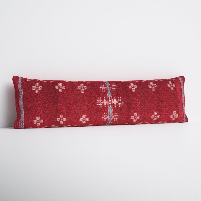 Red Wool Blend Embroidered Lumbar Pillow with Cotton Back