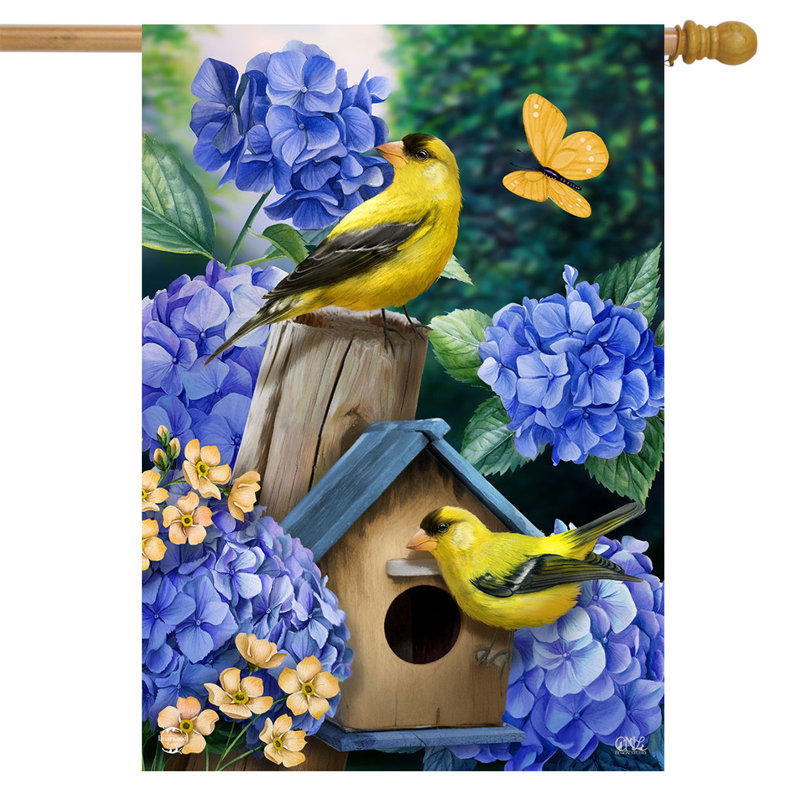 Chardonneret et hortensia, Printemps bleu marine/jaune