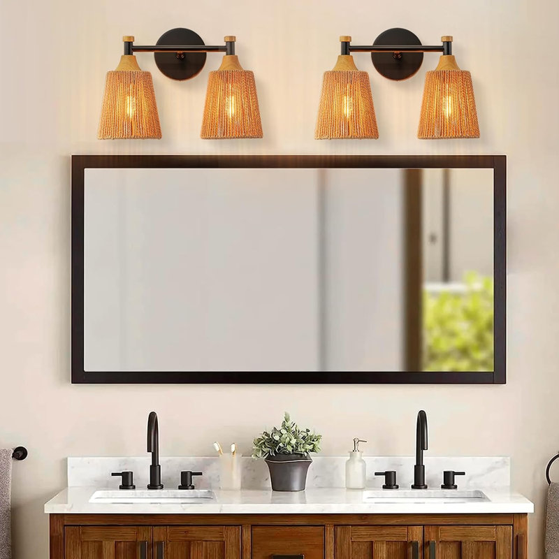 Luminaire de salle de bain Boho avec abat-jour en rotin 2 lumières tissé à la main rustique noir mat pour salon sur miroir