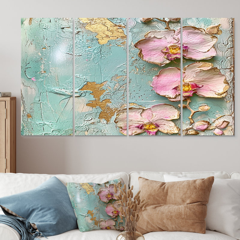 Orchidée rose sur fond bleu rétro - art mural 4 pièces, H 32 po x l 64 po