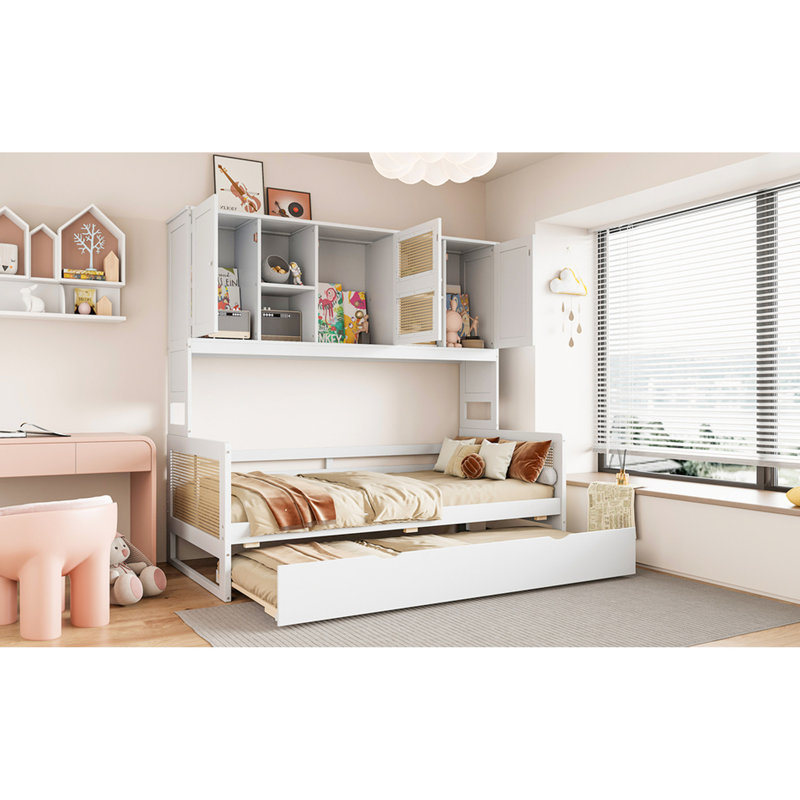 Lit de jour simple avec lit gigogne, armoire et tablette en blanc - Construction gigogne en bois, Lit simple, Blanc