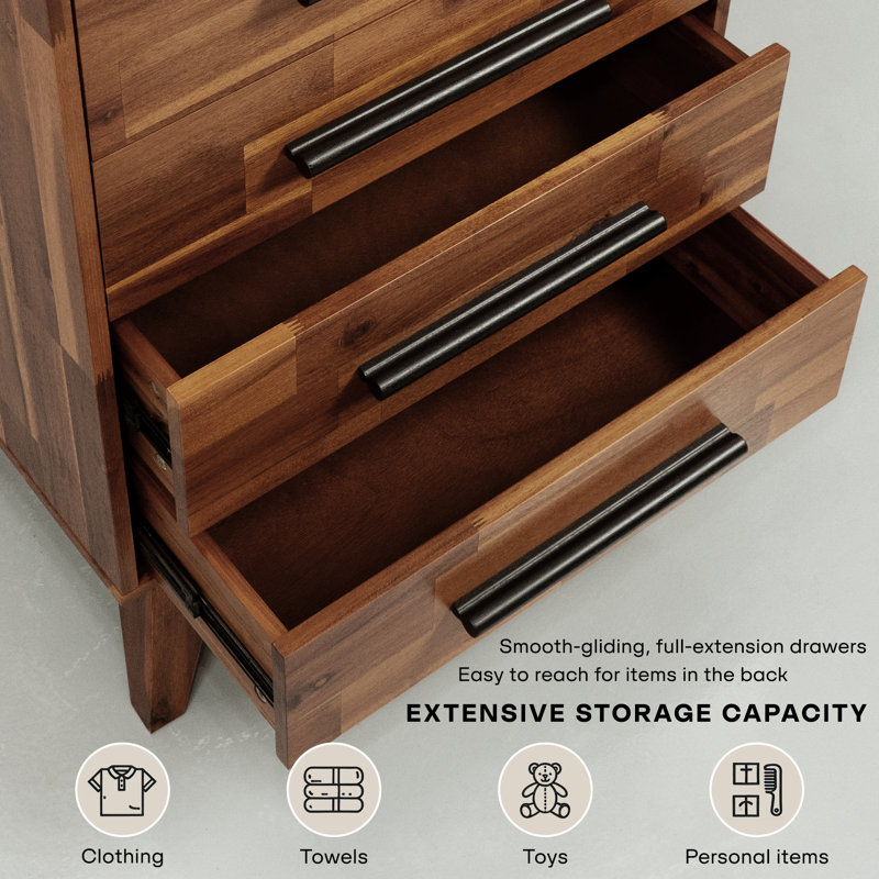  Commode 5 tiroirs en bois d'acacia massif, Noyer