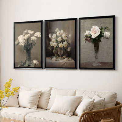 Vintage Floral Print CCXXXVIII -Custom Framed Wrapped Gallery Canvas - 3 Pieces
