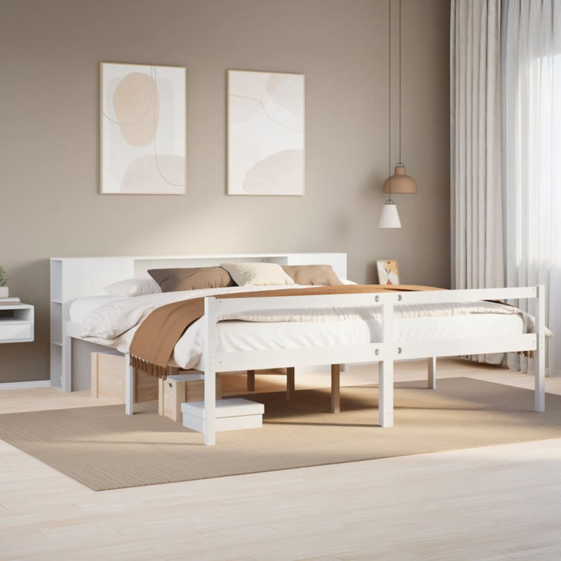 Solid Wood Bed with Shelf, without Mattress, 140 x 190cm, White