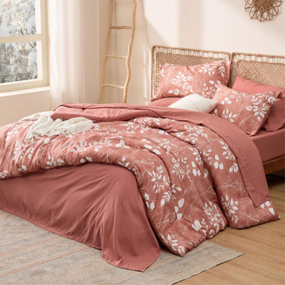 Bedsure Bed in a Bag - Reversible Flroal & Plant Pattern Printed with Comforters, Sheets, Pillowcases & Shams, 89GSM