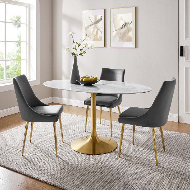 Gold and White Round Marble Dining Table with Metal Base