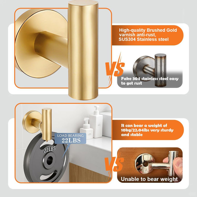 Ensemble de cinq pièces de quincaillerie de salle de bain murale en or brossé, matériau en acier inoxydable 304 épaissi, long porte-serviettes + porte-papier hygiénique circulaire avec ensemble de rangement pour tablette