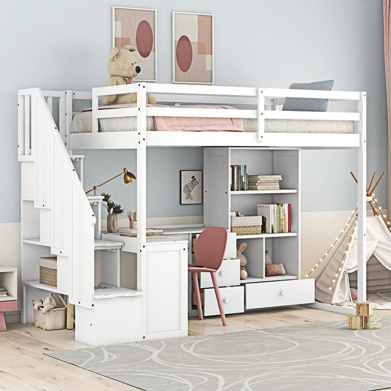 Lit mezzanine avec bureau en L et tiroirs, Blanc