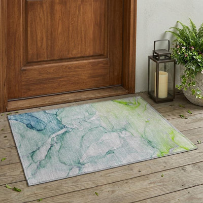Tapis d'extérieur lavable abstrait bleu et vert 2 pi x 3 pi