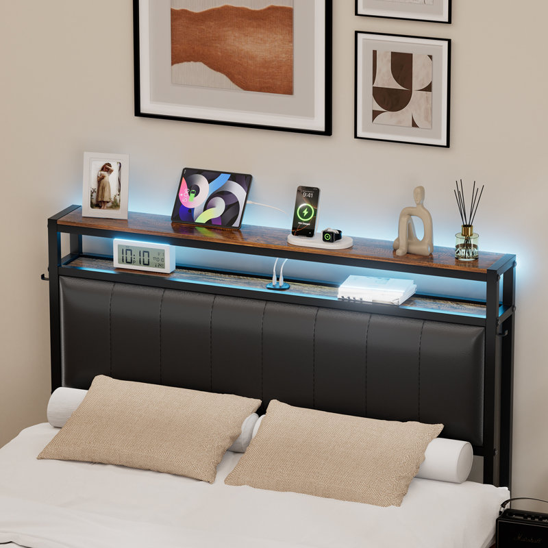 Aether Floating Double Bed Frame with Storage Headboard, Charging & LED Lights, Small Double