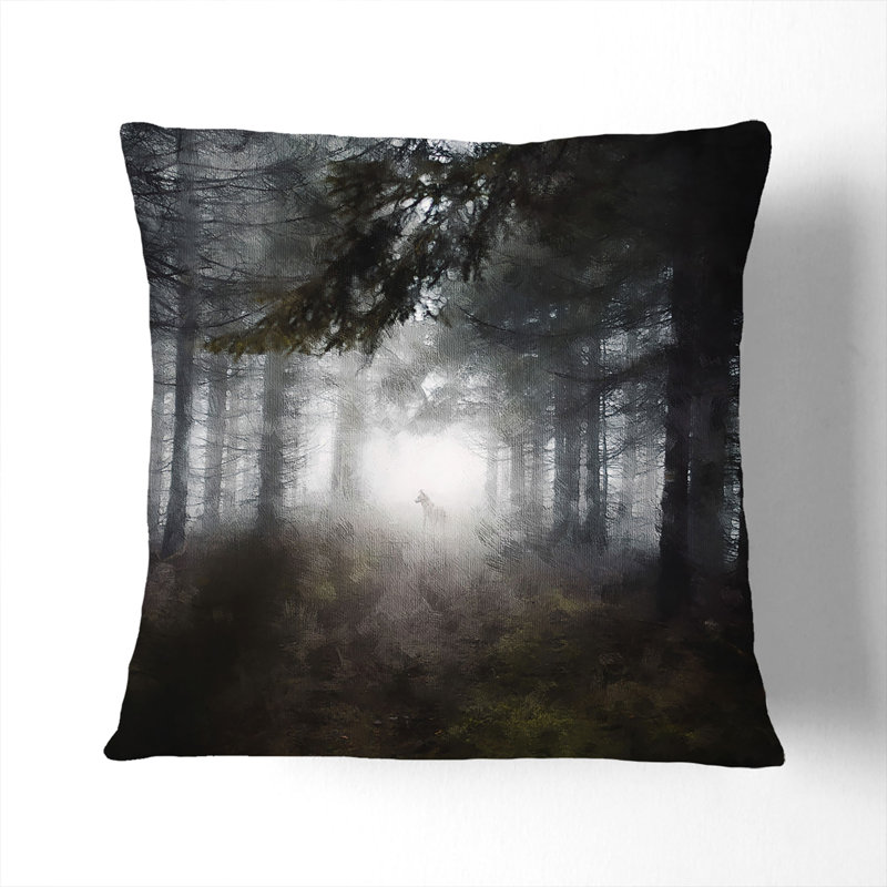 Wolf in a Forest Painting Cushion with Filling, Black, 55cm H x 55cm W x 20cm D