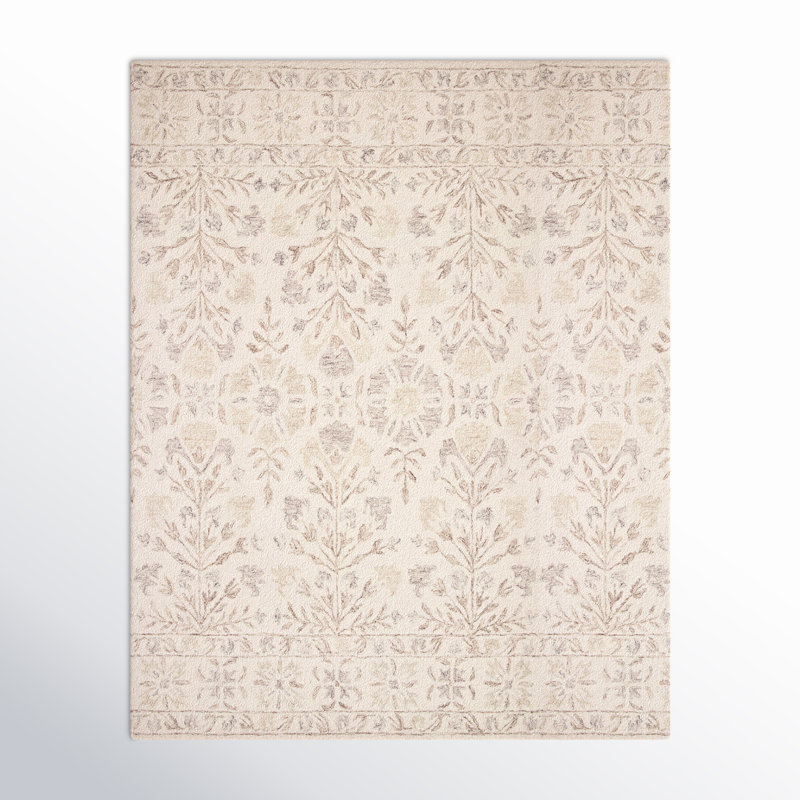 Aden Hand Hooked Ivory/Brown/Grey Floral Wool Rug, Rectangle 7'9" x 9'9"