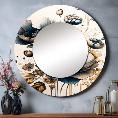 Fleurs de coquelicot bleu marine et or Preanna I - miroir coquelicot, miroir mural rond bleu unique, impression sur métal
